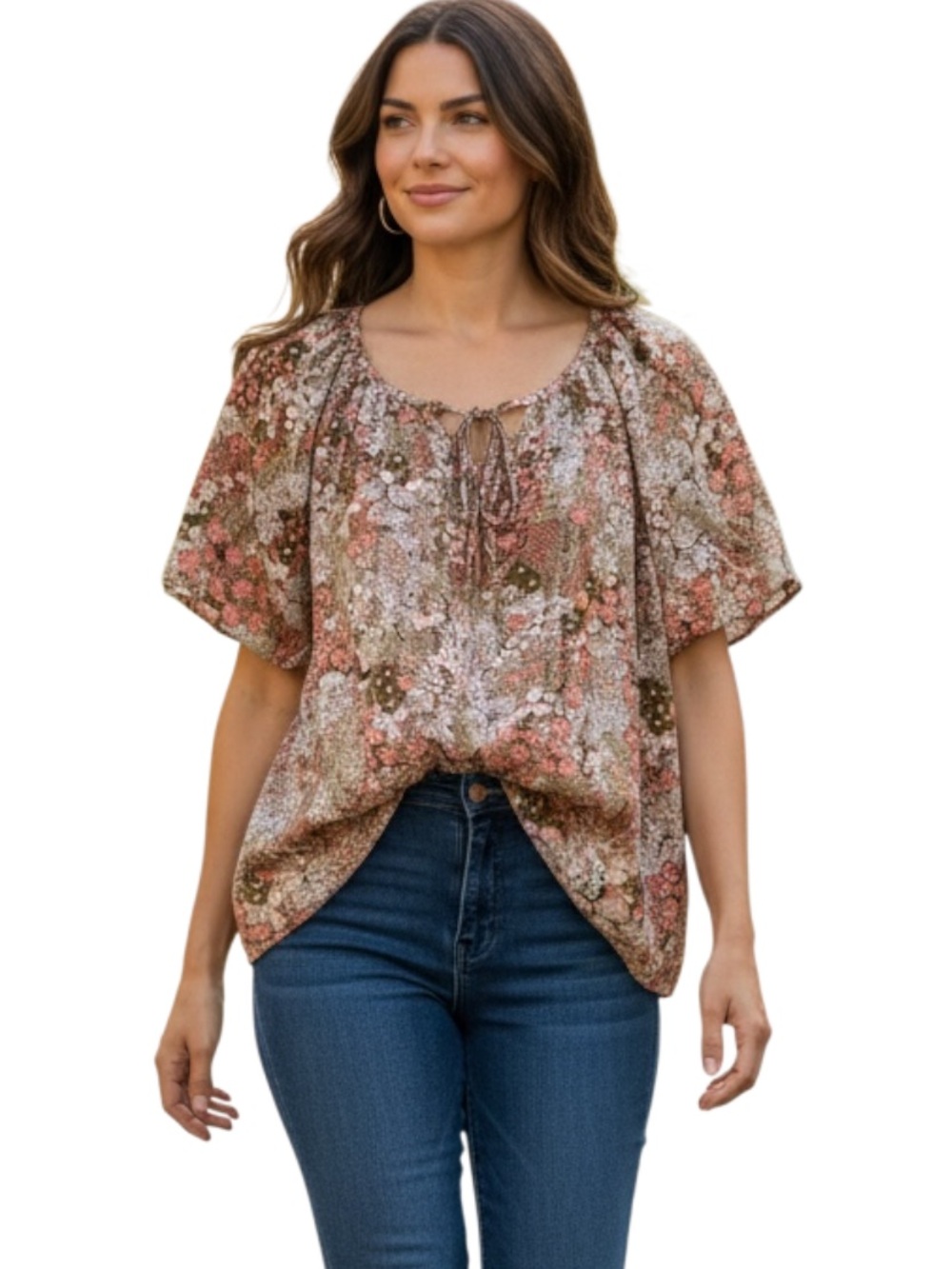 Dokotoo Boho Floral Tie-Front Short Sleeve Blouse in Pink & Olive